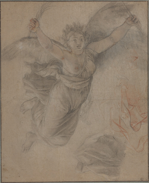 An Allegorical Female Figure (black and red chalks, heightened with white, on tan laid paper)
