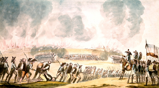 Shoot-out in nantes, France, on june 1793 between royalists and republicans, French Revolution, watercolor