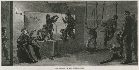 A play room for the poor in Islington: The gymnasium and skittle alley (engraving)