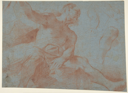 Seated Old Man with Right Arm Upraised (Tithonus) (recto), 1621 (red chalk on blue paper)