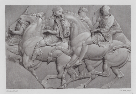 Horsemen, ancient Greek marble relief from the Parthenon Frieze (engraving)