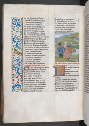 A miniature of the author, Jean de Courcy, and Faith, at the beginning of the rubric, 'Foy parle a l'acteur des VIII lumieres du mont espiritues'