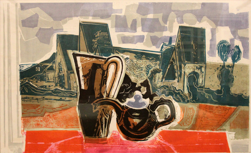 Still Life with Landscape (linocut)
