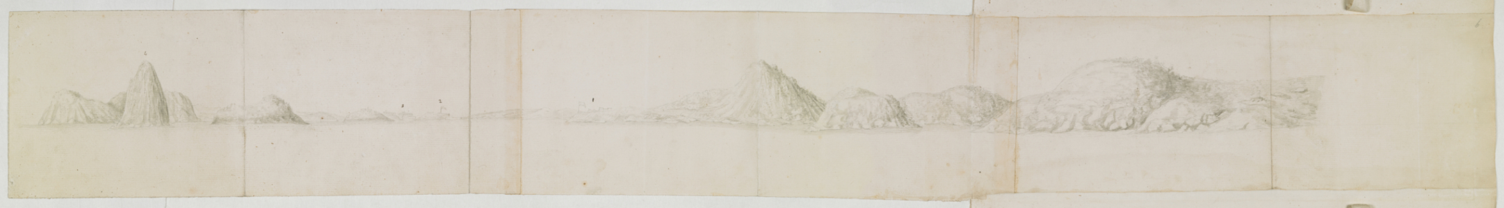 Add MS 15507 f.6 Endeavour off the Coast of Tierra del Fuego, 12th January 1769  'Drawings of the Headlands, Bays and Islands etc', 1769 (pencil & wash on paper)