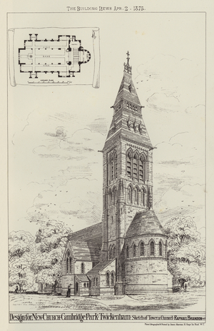 Design for New Church, Cambridge Park, Twickenham, Sketch of Tower and Chancel (engraving)