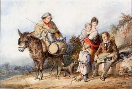 Milk Boy with Family Group (b/c, pencil & watercolour on paper)