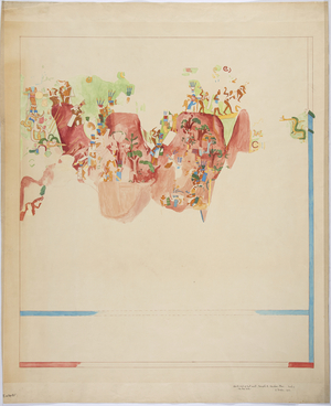 Quarter scale copy of a wall painting from the north end of the east wall, inner chamber, Upper Temple of the Jaguars, Great Ball Court, Chichen Itza, Mexico (w/c, bodycolour, red ink & graphite)