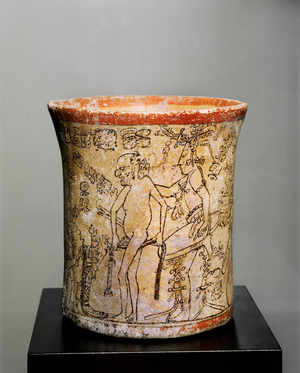 Codex vase with glyphs concerning the young God of corn humiliating an older divinity …