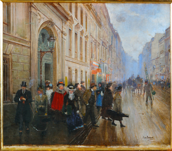 Students leaving the Conservatoire, the Music Academy in Paris (painting on canvas)