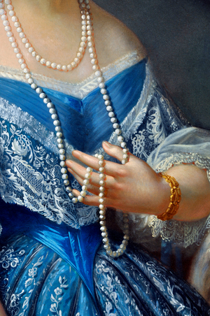 Portrait of a woman in blue, detail (oil on canvas, 19th century)