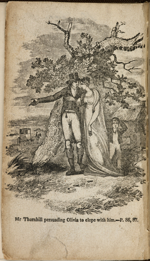'Mr. Thornhill persuading Olivia to elope with him'. An illustration from 'the Vicar of Wakefield'.