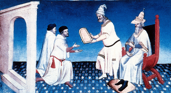 Kubilai Khan giving to Nicolo and Marco Polo the safe-conduct to Peking, 15th century (illumination)