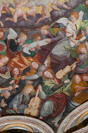 Detail of the Assumption of the Blessed Virgin, known as "The choir of angels playing music", Dome of the transept, from 1534 (fresco)