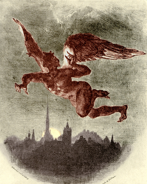Satan flying over the city at night. From  Damnation of Faust ('La Damnation de Faust', 1846) by Berlioz, French composer, 1803-1869. Lithograph by Delacroix.