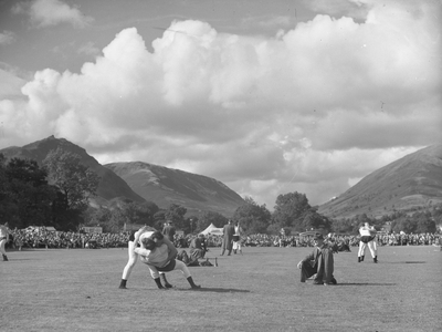 Two wrestlers in hold at Grasmere Sports, 1930s-60s (b/w photo)