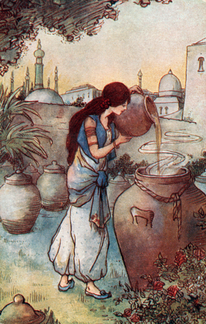 Morgiana pours oil on thieves (colour litho)