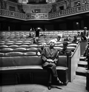 Trial of French Politician Hubert Lagardelle (Collaborator during Ww2) in Paris, July 16, 1946 (b/w photo)