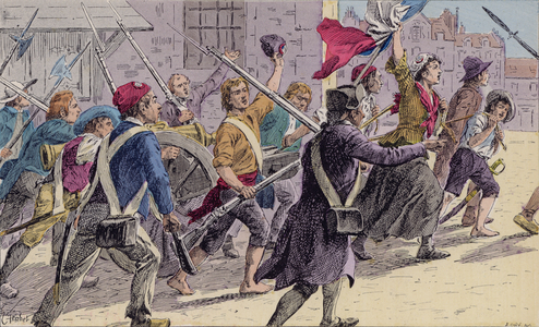 French revolutionaries on the streets of Paris, 14 July 1789 (colour litho)