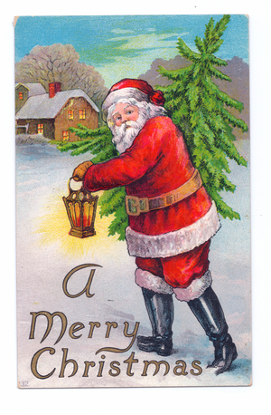Edwardian Christmas postcard of Father Christmas walking through the snow holding a Christmas tree and a lantern, c.1910 (colour litho)