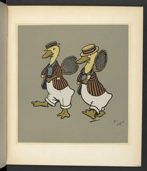 Two chicks dressed to play tennis.Cecil Aldin's Merry Party ... May Byron, 1861-1936.Artist: Cecil AldinLondon,1913.