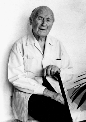 Spanish painter, sculptor Joan Miro (1893 - 1983) at home in Cala Mayor, near Palma, Majorca, September 11, 1978 (b/w photo)