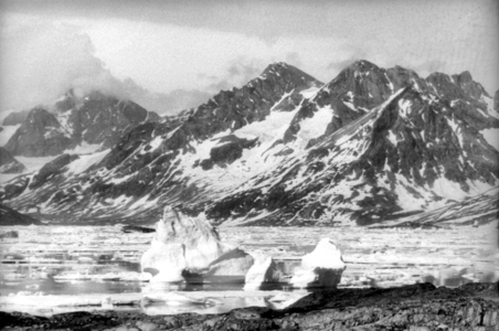 Breaking up of the ice floe in fjord of Kangerdlugssuatsiak, Greenland, Autumn, 1936 (b/w photo)