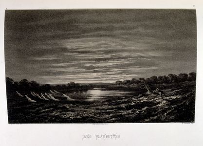 Sunset 1858. Lithograph by Amantine Lucile Dupin (1804-1876), known by her nom de plume George Sand. A French novelist and memoirist. She is equally well known for her much publicized romantic affairs with a number of artists, including the composer and pianist Frédéric Chopin and the writer Alfred de Musset.