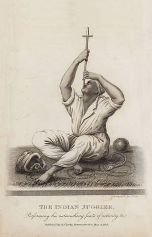 The Indian Juggler, performing his astonishing feats of activity etc (engraving)