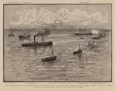 Portuguese corvette Tamega firing on the SS Agnes, Pungwe River, East Africa (engraving)
