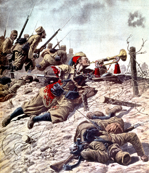 wounded Algerian Zouave sounding the bugle for assault , august 1915