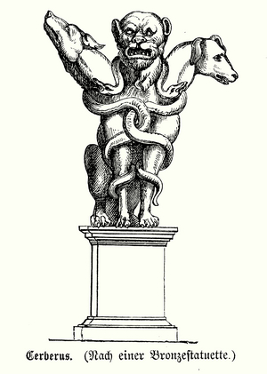 Bronze statue of Cerberus, the three-headed dog that guards the gates of the Underworld to prevent the dead from leaving in ancient Greek and Roman mythology (engraving)