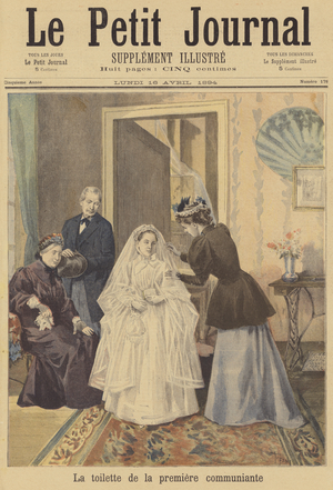 A girl getting ready for First Communion (colour litho)