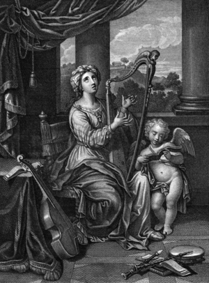 Saint Cecilia, patron saint of musicians, playing the harp, engraving by Chataigner, 19th century