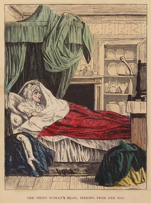 The teeny woman's head, peering from her bed (colour litho)