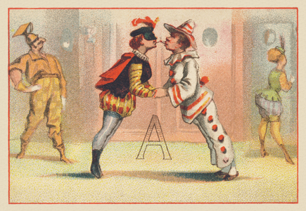 A (letter shown by two costume characters)