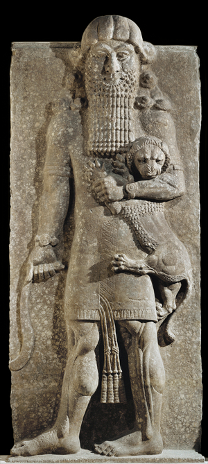 Statue of a hero taming a lion from the palace of Sargon II, king of Assur in Khorsabad …