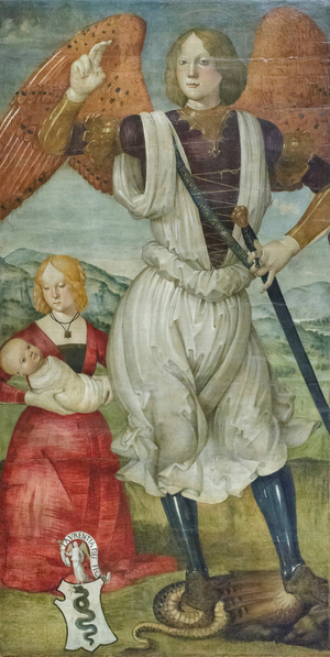 Saint Michael the Archangel with Teodora Visconti and the newborn son, c.1486-87 (tempera on panel)