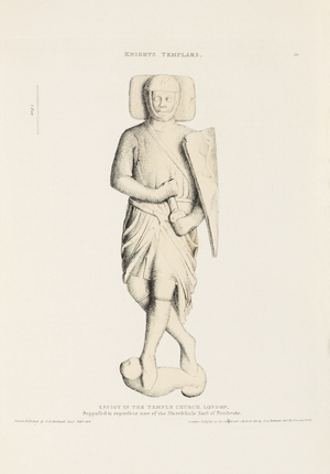 Knights Templars: Effigy in the Temple Church, supposed to represent one of the Mareschals, Earl of Pembroke, London, 1811 (etching)