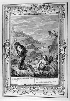 Deucalion survives the deluge with his wife, Pyrrha (engraving)