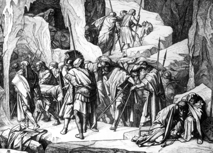 Hannibal's train over the Alps, 218 BC. (b/w photo)
