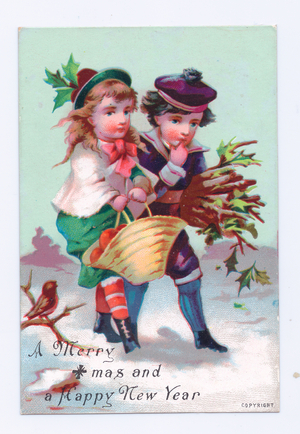 A Victorian Christmas and New Year card of a girl holding a basket of fruit and a boy with holly walkinhg in the snow, c.1880 (colour litho)