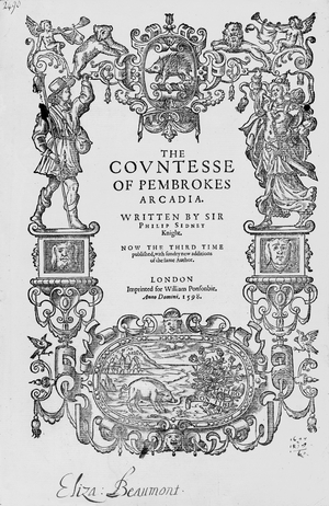 Frontispiece to The Countess of Pembroke's  'Arcadia', 1592, by Sir Philip Sidney (1554-86), Third edition, pub.1598 (etching)