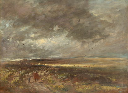 Moorland landscape: shepherd and sheep (oil on paper on canvas)