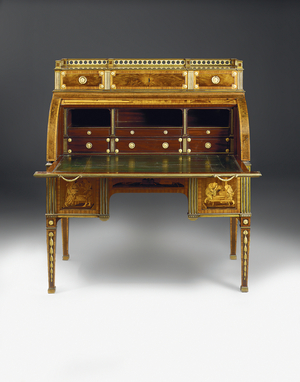 Mechanical cylinder bureau, the mounts attributed to Francois Redmond, c.1777-80 (ormolu-mounted, brass-inlaid amboyna, tulipwood, stained sycamore & marquetry) (see also 486554)
