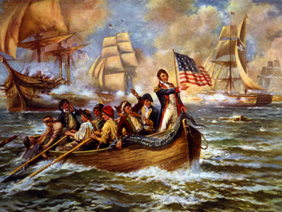 War of 1812: Battle of Lake Erie (Put-in-Bay), Ohio, 10 September 1813. Oliver Hazard Perry in bow of small rowing boat after abandoning his flagship 'Lawrence' transferring to 'Niagara'. Decisive American victory over Britain. Naval. C1911