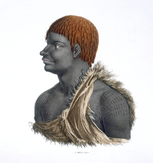 Tasmanian Aborigine, 1812 (colour litho)