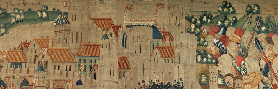 Parish museum of tapestries (Museo Parroquial de Tapices de Pastrana). Flemish tapestry. Conquest of Tanger (Toma de Tánger, De inname van Tanger). Series Conquests of king Alfonso I of Portugal (Conquistas de Alfonso V de Portugal). Tournai. Detail. Wool and silk. 1472-1480. 368x1108cm.