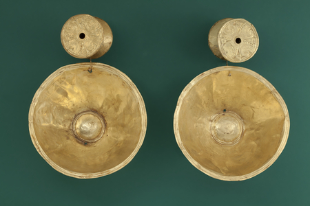 Pair of Hourglass-shaped Ear Ornaments with Disk Pendants, 100 BC-800 AD)
