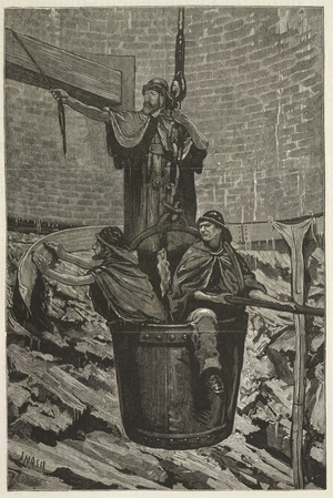 'Repairing a garland in the shaft'. Repair works a mine shaft.
