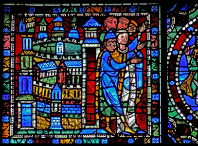 The Life of Christ window: Flight into Egypt - the inhabitatnts of Jerusalem welcome the return (w50) (stained glass)
